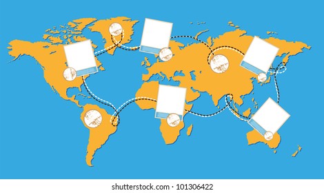 World map illustration with photos