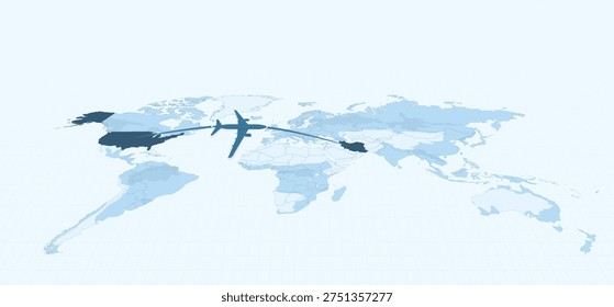 World map illustration showing airplane flight route connecting the United States and Iran. Concept of international travel, global transportation, aviation routes, and worldwide connections.