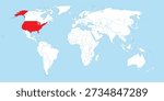 World map illustration with United States of America (USA) highlighted in red. Vector map featuring USA, Alaska, and Hawaii for global business, political, or geographical concepts