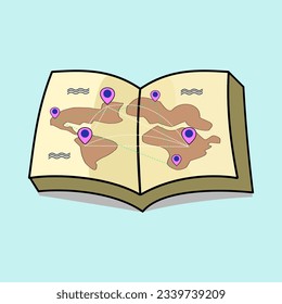 World map image complete with location points above a book.vector