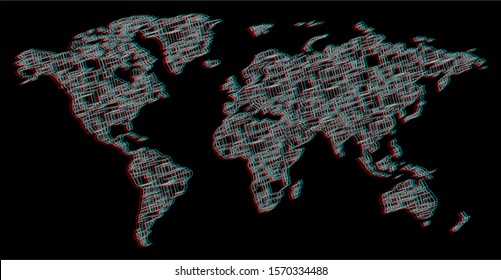 World map in imitation 3D. Made in red, blue and pink.