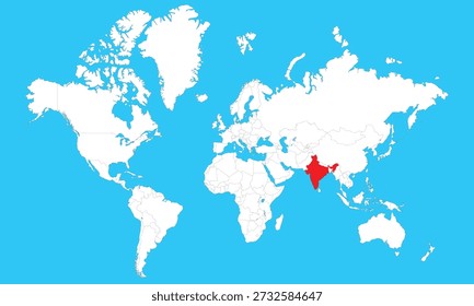 Mapa del mundo con la India resaltado en rojo sobre fondo azul. Ilustración plana de un mapa global que muestra la ubicación geográfica de la India en Asia para educación, negocios, geopolítica y viajes.