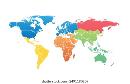 World map with individual colors,isolated on white background for website layouts,background,education, precise,customizable,Travel worldwide,map silhouette backdrop,earth geography, political,reports