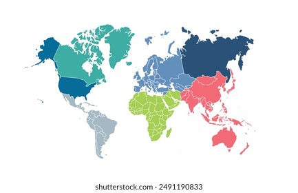 World map with individual colors,isolated on white background for website layouts,background,education, precise,customizable,Travel worldwide,map silhouette backdrop,earth geography, political,reports