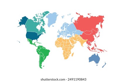 World map with individual colors,isolated on white background for website layouts,background,education, precise,customizable,Travel worldwide,map silhouette backdrop,earth geography, political,reports