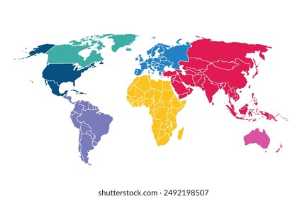 World map with individual colors,isolated on white background for website layouts,background,education, precise,customizable,Travel worldwide,map silhouette backdrop,earth geography, political,reports