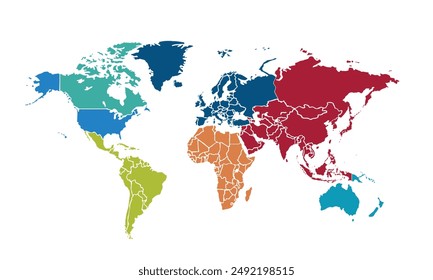 World map with individual colors,isolated on white background for website layouts,background,education, precise,customizable,Travel worldwide,map silhouette backdrop,earth geography, political,reports