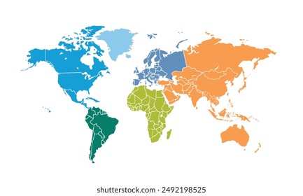 World map with individual colors,isolated on white background for website layouts,background,education, precise,customizable,Travel worldwide,map silhouette backdrop,earth geography, political,reports
