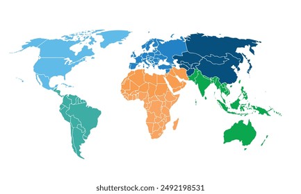 World map with individual colors,isolated on white background for website layouts,background,education, precise,customizable,Travel worldwide,map silhouette backdrop,earth geography, political,reports