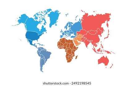 World map with individual colors,isolated on white background for website layouts,background,education, precise,customizable,Travel worldwide,map silhouette backdrop,earth geography, political,reports