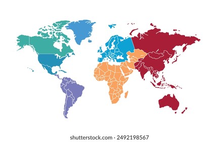 Mapa del mundo con colores individuales, aislado sobre fondo blanco para diseños de Sitio web, fondo, educación, preciso, personalizable, Viajes por todo el mundo, silueta de mapa de fondo, geografía de la tierra, política, informes