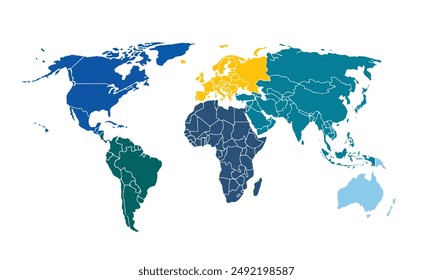World map with individual colors,isolated on white background for website layouts,background,education, precise,customizable,Travel worldwide,map silhouette backdrop,earth geography, political,reports