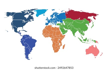 World map with individual colors,isolated on white background for website layouts,background,education, precise,customizable,Travel worldwide,map silhouette backdrop,earth geography, political,reports