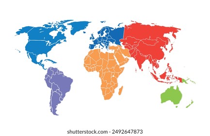 World map with individual colors,isolated on white background for website layouts,background,education, precise,customizable,Travel worldwide,map silhouette backdrop,earth geography, political,reports