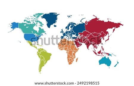 World map with individual colors,isolated on white background for website layouts,background,education, precise,customizable,Travel worldwide,map silhouette backdrop,earth geography, political,reports
