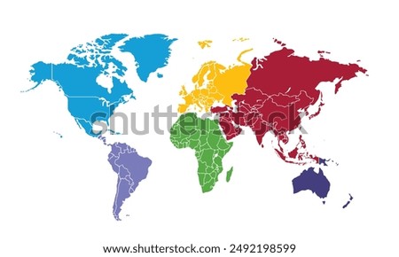 World map with individual colors,isolated on white background for website layouts,background,education, precise,customizable,Travel worldwide,map silhouette backdrop,earth geography, political,reports