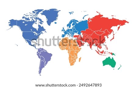 World map with individual colors,isolated on white background for website layouts,background,education, precise,customizable,Travel worldwide,map silhouette backdrop,earth geography, political,reports