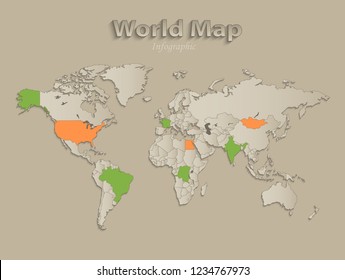 World map with individual states separated, infographics with icons vector