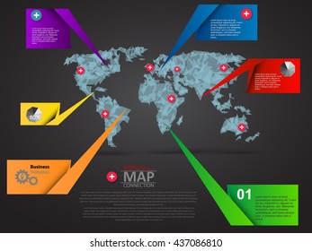 World Map with info bar and description, graphic elements. 