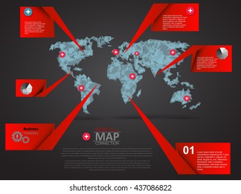  World Map with info bar and description, graphic elements. 