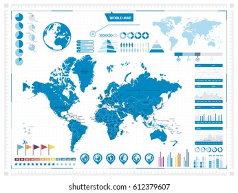 Mapa del mundo y elementos infográficos. Proyección de Mercator. Ilustración vectorial.