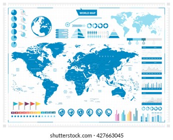 Mapa del mundo y elementos infográficos. Ilustración vectorial.