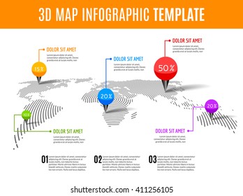 World map infographic. 3D map concept with percents and pins.