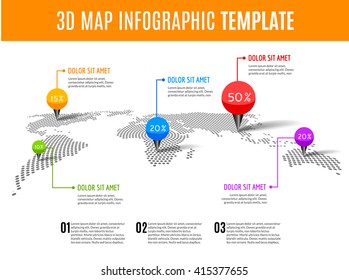 World map infographic. 3D map concept with percents and pins.