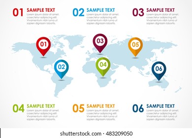 World map infographic with 6 pin mark and options. Vector illustration