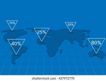 World map infographic. Blue earth. World map and white triangular pointers
