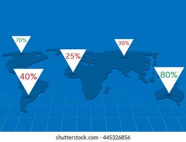 World map infographic. Blue earth. World map and white triangular pointers
