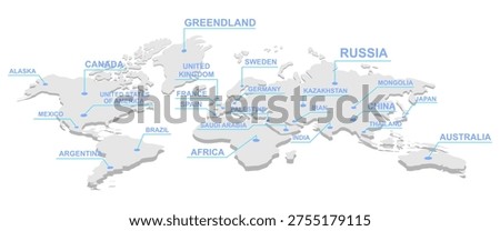 world map infographic with callout country label vector illustration isolated on white background.