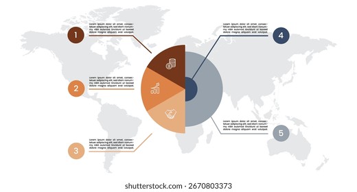 Infografía del mapa mundial con diagrama circular y cinco puntos de datos