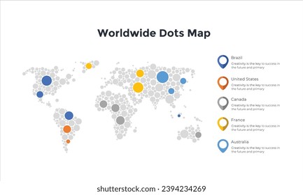 World map infographic with colorful pointers vector illustration. Modern world map with pins graphic design. International world map layout. Global map creative concept.