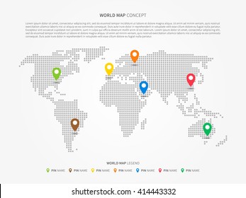 World map infographic with colorful pointers vector illustration. Modern world map with pins graphic design. International world map layout. Global map creative concept.
