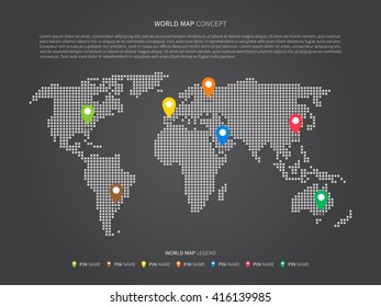 World map infographic with colorful pointers vector illustration. Modern world map with pins graphic design. International world map layout. Global map creative concept.

