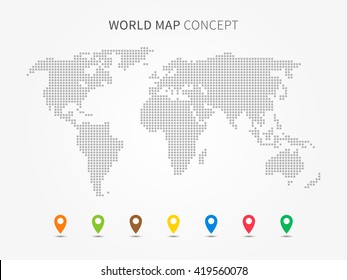 World map infographic with colorful pointers vector illustration. Modern world map with pins graphic design. International world map layout. Global map creative concept.