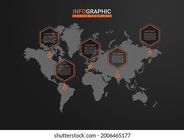 World map infographic. Creative business presentation design for infographics with world map background. Elegant presentation design in black and orange. Cool graphic resource elements