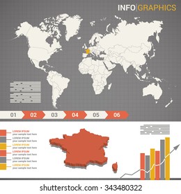 World map and infographic elements with the 3d map of France