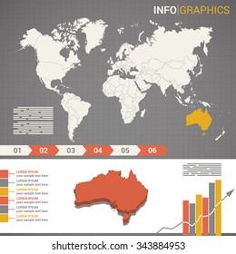 World map and infographic elements with the 3d map of Australia
