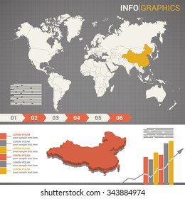 World Map And Infographic Elements With The 3d Map Of China