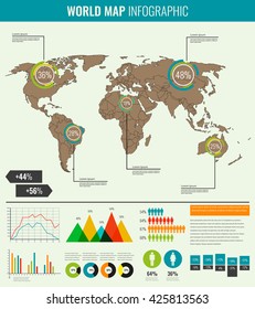 World map with infographic elements. All countries are selectable. Vector illustration