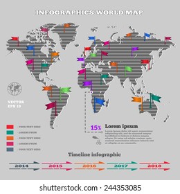 World map with infographic flag elements. Timeline and business step options. Striped grey map silhouette on gray background. Vector isolated. 10eps