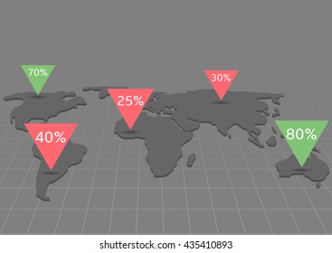 World map infographic. Grey earth. World map with green and red triangular pointers with white numbers