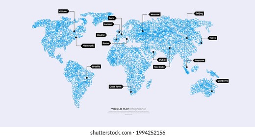 Gráfico informativo del mapa mundial. mapa del mundo del círculo azul que muestra la capital.
Ilustración vectorial aisló el mapa de Silhouette en el fondo blanco.