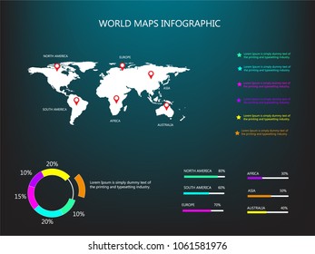 World map info-graphic, information data statistic, info-graphic analysis template with Continental name and continental coordinates. Use for layout, workflow, information or presentation and other. 