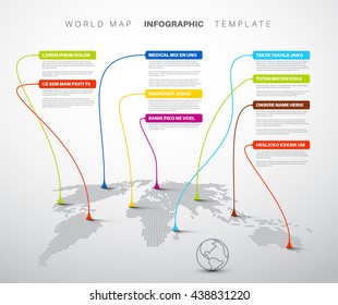World map infographic: Light World map with pointer marks - communication concept with world map made from dots and color tags.