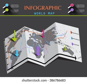 World map and info-graphic on the folded paper. Flat vector illustration