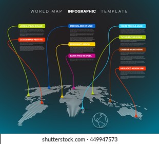 World map infographic: World map with pointer marks - communication concept - dark blue template version