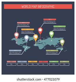 World Map Infographic With Pointer Marks. Suitable for workflow layout, diagram, statistic, web design or communications. Vector, editable. 